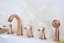 

Antique Red Copper Brass Widespread Three Handles Deck Mounted 5 Holes Bathroom Tub Faucet Mixer Tap With Handshower mtf209