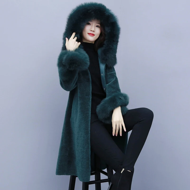 HANZANGL, высокое качество,, зимнее шерстяное пальто, Женское пальто из искусственного меха, Лисий мех, с капюшоном, теплая кашемировая куртка, пальто, плюс размер M-3XL - Цвет: 3
