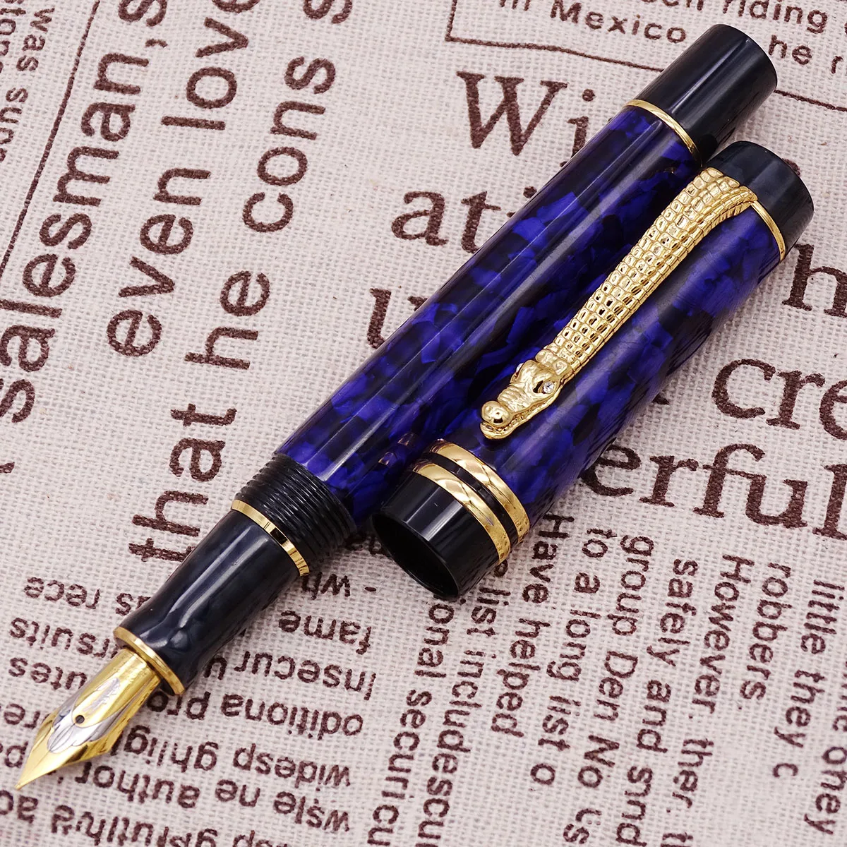 Crocodile Marble Celluloid Fountain Pen 22KGP Medium Nib Writing Gift Pen, Blue Flowers Pattern Crocodile Clip Office Supplies