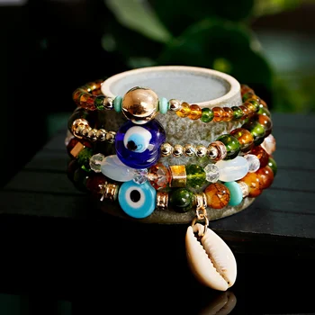

4pcs/set Bohemian Shell Evil Eye Beads Charms Bracelets Bangles For Women Crystal Natural Stone Beach Style Jewelry Pulseras