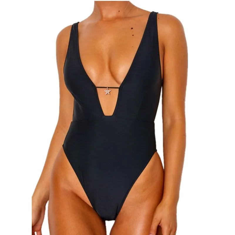 

2020 Solid Sexy Swimwear Women One Piece Swimsuit Retro Push Up Ladies Swimming Suit V Neck BodySuit Female Maillot De Bain