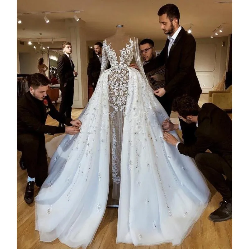 suknia slubna Dubai Bridal Gown Removable Skirt vestido de noiva Israel Bridal Dress See Through Wedding Gowns robe de mariee
