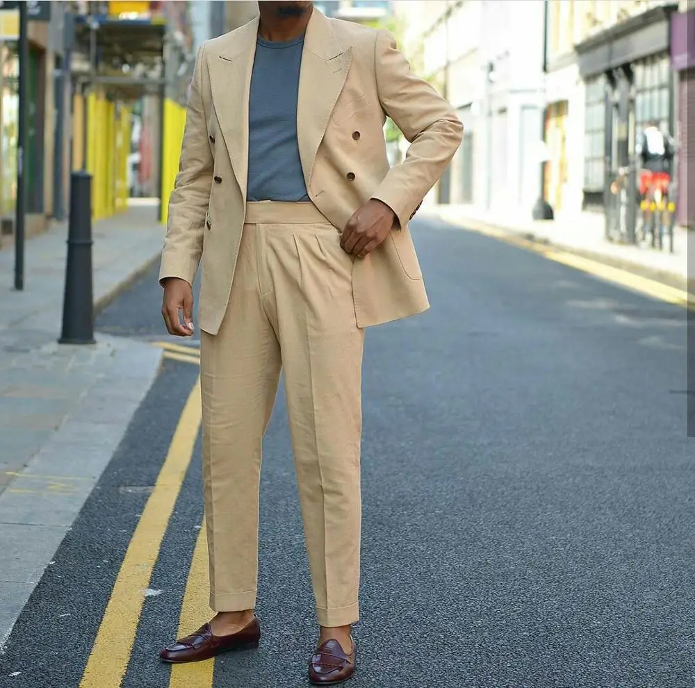 Khaki Fashion Men Tuxedos Peaked Lapel 