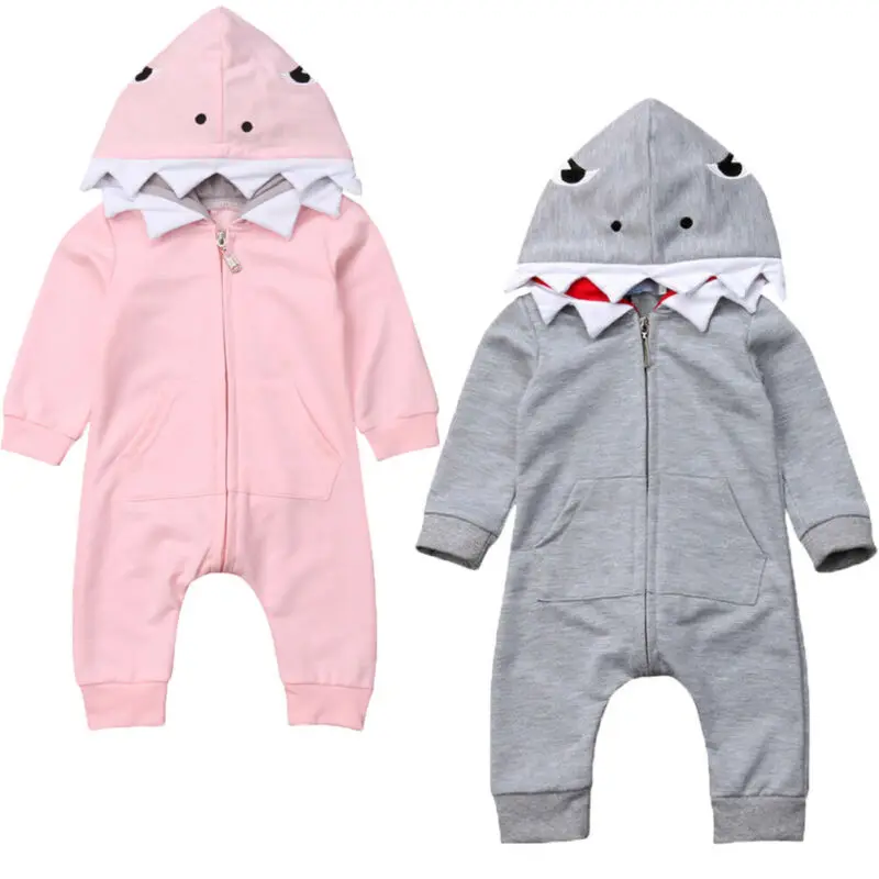 Autumn Kids Toddler Baby Boys Girl Romper Jumpsuit Shark Hooded Clothes Zipper Outfits Cartoon Fall Costume