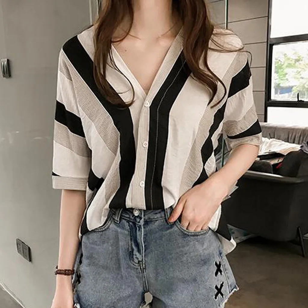 4XL de talla grande blusas de moda de las mujeres empalmado de camisas de verano de manga corta Tops con cuello en V Casual ropa блузка женская
