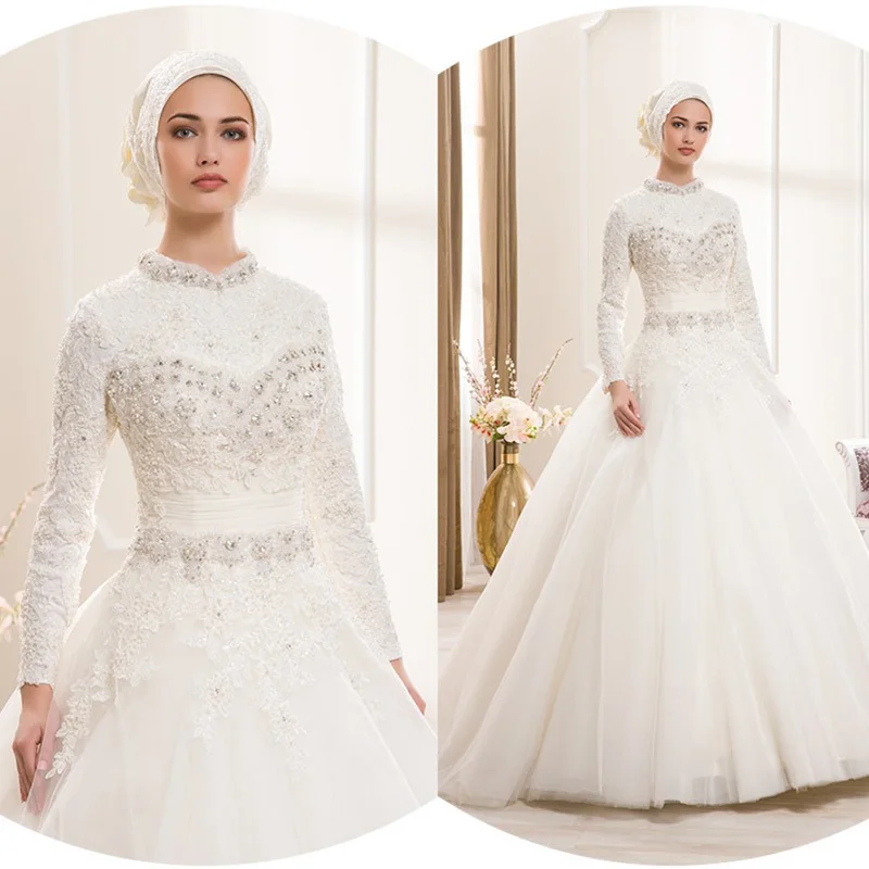 

Elegant Lace Ball Gown long sleeve with luxury Crystal 2019 Custom muslim vestido de noiva casamento mother of the bride dresses
