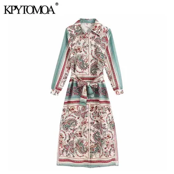 

KPYTOMOA Women 2020 Elegant Fashion Printed Midi Shirt Dress Vintage Bow Tie Sashes Side Vents Female Dresses Chic Vestidos
