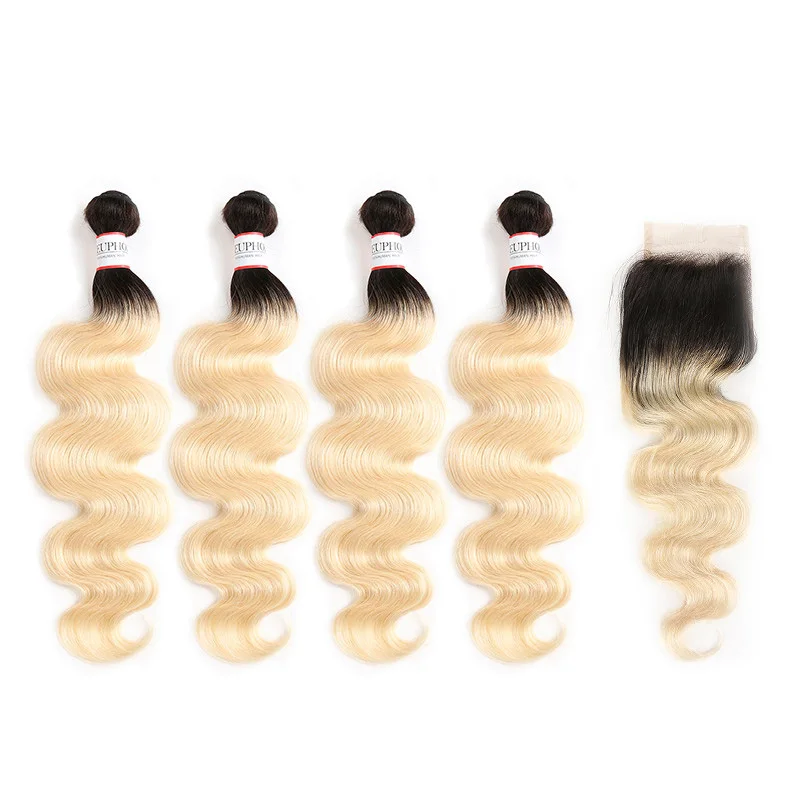OT613 EUPHORIA Ombre Black Brazilian Body Wave Human Hair Bundles With Closure Platinum Blonde Remy Hair Extension With Lace Closures - Цвет: OT613