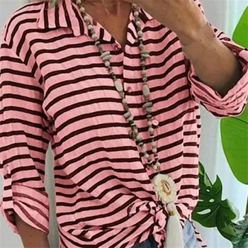 

Casual V Neck Turn Down Collar Women Long Sleeve Button Striped Female Shirt Loose Office Lady Shirt Plus Size Tops
