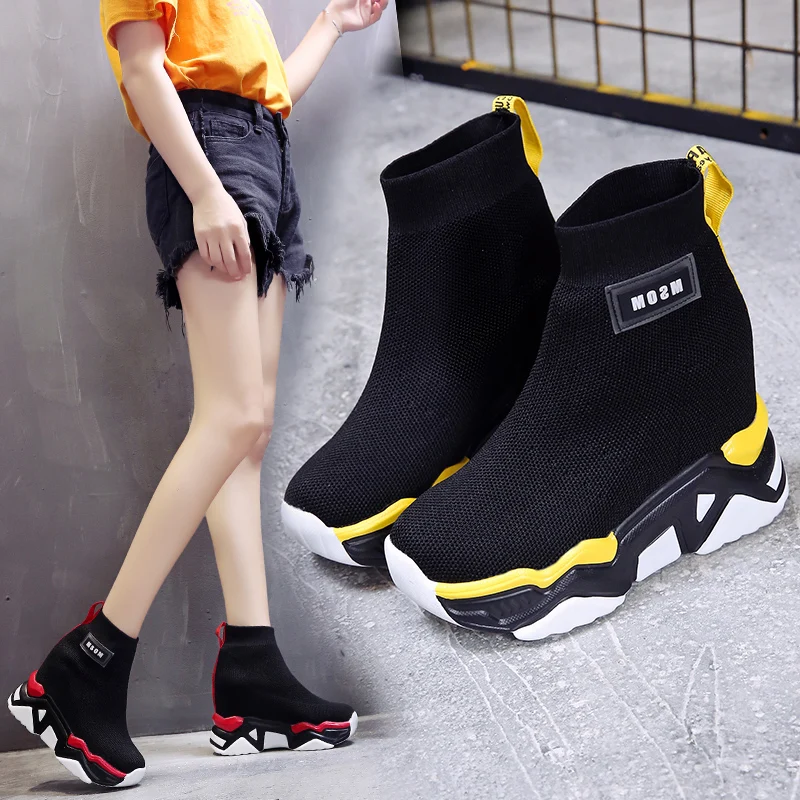 Cena SWYIVY Mesh buty na koturnie kobieta buty na platformie damskie nowe solidne 2019 jesień Slip On botki dla kobiet okrągłe Toe buty damskie