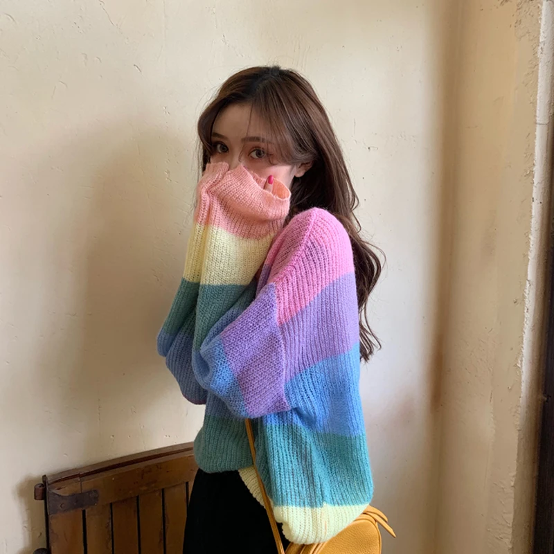 Women's Sweaters Korean Ins Chic Ulzzang Loose Rainbow Striped Sweater Female Vintage Kawaii Cute Svitshot For Women