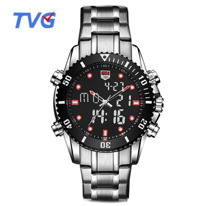 Топ спортивный бренд tvg мужские часы из нержавеющей стали светодиодный стробоскоп для автомобильной часы модные мужские спортивные часы