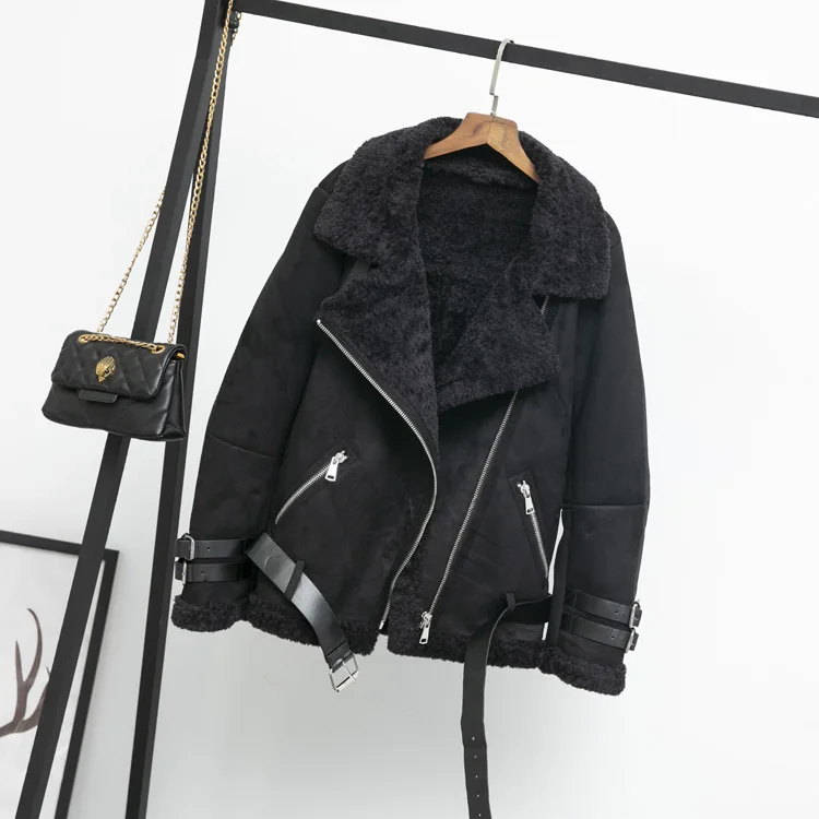 Женская замшевая куртка, меховое пальто, свободное толстое теплое пальто из искусственной овчины, зимнее мотоциклетное черное пальто из овечьей шерсти AS9109