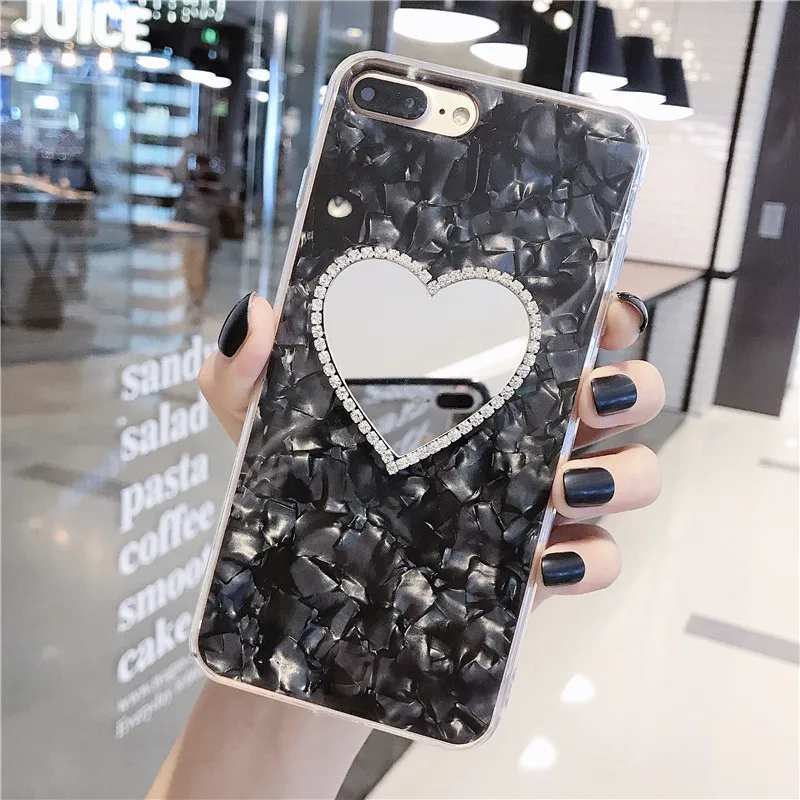Блестящий Алмазный зеркальный чехол для телефона Love Heart для Iphone X, Xr, 6, 7, 8, 6S Plus, Xs Max, клеевой чехол, задняя крышка, чехлы бамперы - Цвет: BK