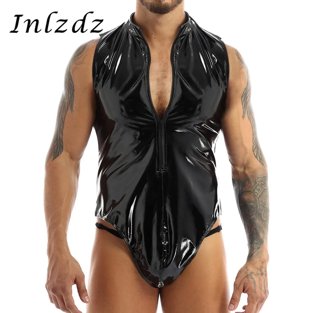 Мужское нижнее белье латексный кожаный боди Тедди комбинезон без рукавов
