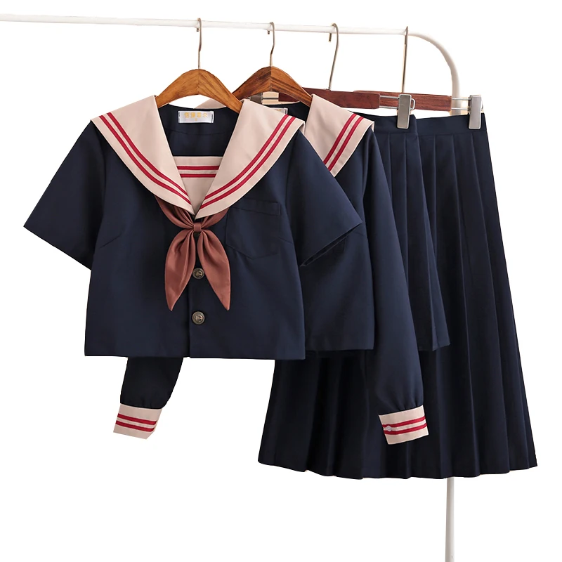 

Red Three Lines Japanese School Uniform Costume Navy Blue JK Uniforms Short Long Sleeved Shirt Pleated Skirt Sailor Suit