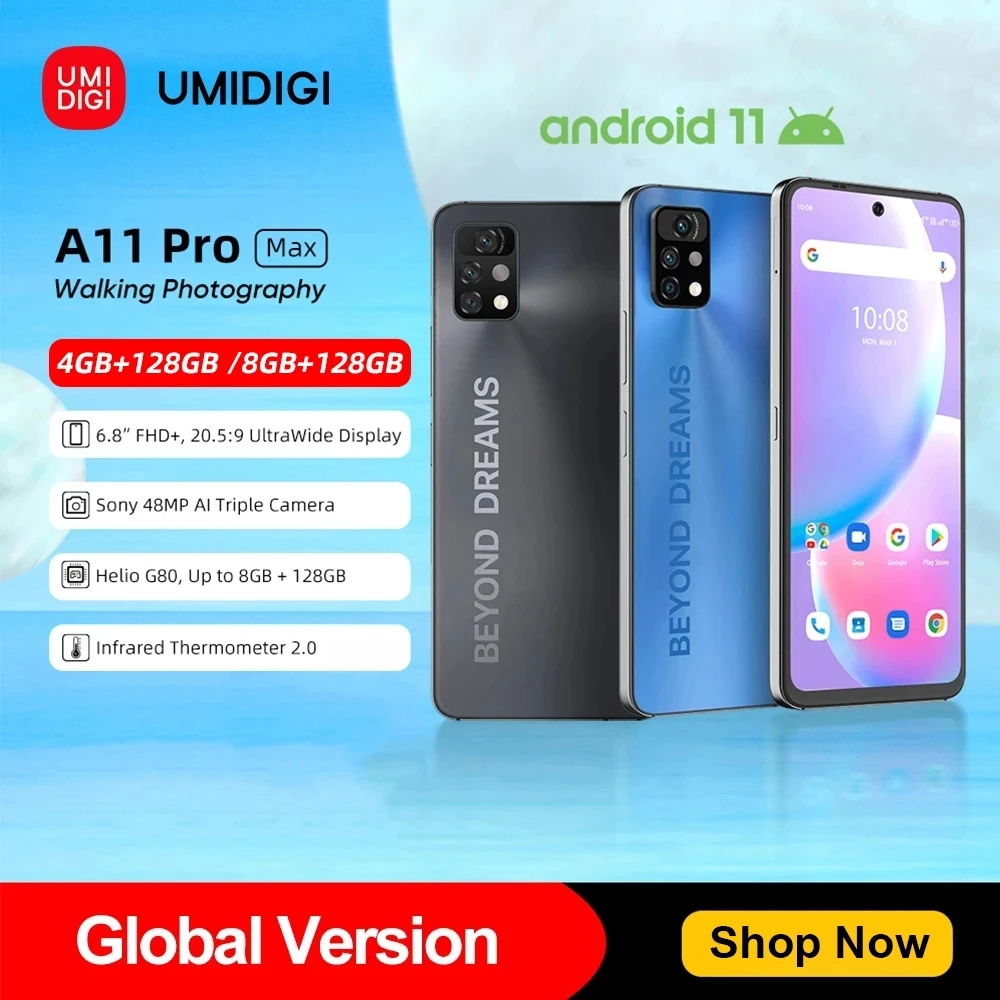 Смартфон UMIDIGI A11 Pro Max глобальная версия 6 8 дюйма FHD + 128 ГБ Helio G80 48 МП тройная камера с