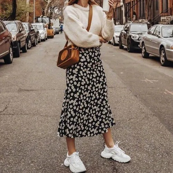 

Vintage Daisy Printted Women Midi Skirt A-Line ladies long Skirts Female casual wild stylish holiday clothes