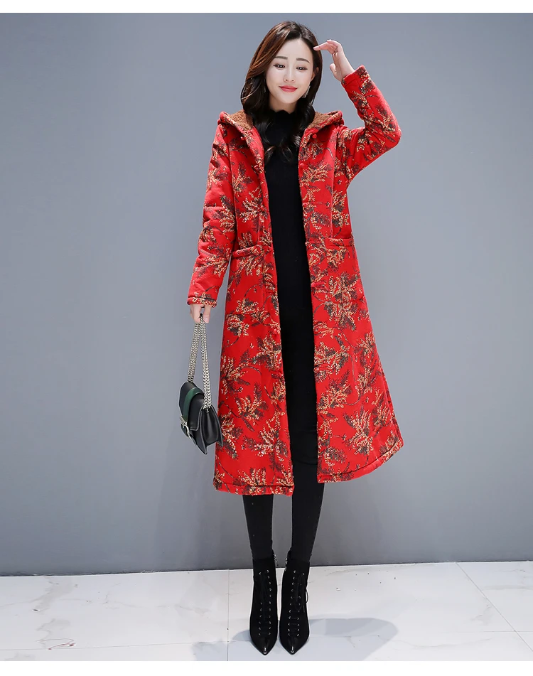 Uego Новое поступление утепленное флисовое пальто с капюшоном, зимнее пальто с цветочным принтом, хлопок, китайский стиль, винтажное Женское пальто, куртка, пальто