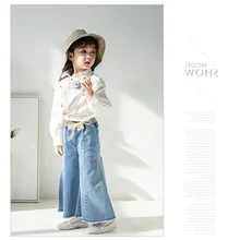 Брюки для девочек в стиле ретро, на шнуровке, брюки-клеш, джинсы 19 осенняя одежда стиль, детская одежда для детей от 3 до 8 лет