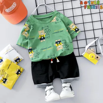 

Korean version of baby boy clothing summer short-sleeved shorts 2 pieces cartoon bear cute printing casual sports baby boy suit