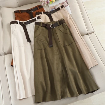 

Elegant Sashes Solid Women Skirt Winter Casual A-line Knee Length Skirt Chic Fashion 6 Colors Ladies Pockets High Waist Skirt
