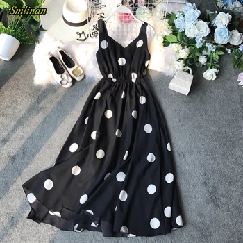 

Smlinan Summer Polka Dot Chiffon Dress Women Sleeveless Spaghetti Strap Backless Bandage Bohemian Beach Dress Sexy Party Dresses