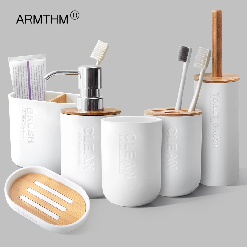 

Bathroom Set Toothbrush Holder Mouthwash Cup Toilet Brush Soap Dish Lotion Tumblerful Wash Rack Household/Hotel Bamboo