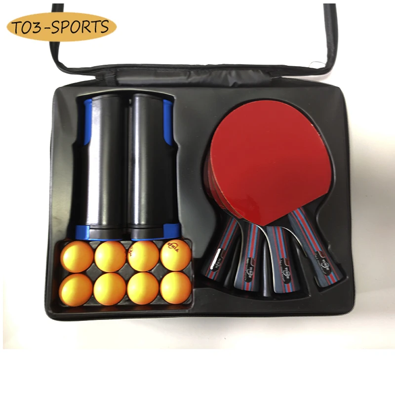

Professional Double-sided rubber Table Tennis Racket Set with 4 ping pong paddles + 1 net+8 balls pingpong bat