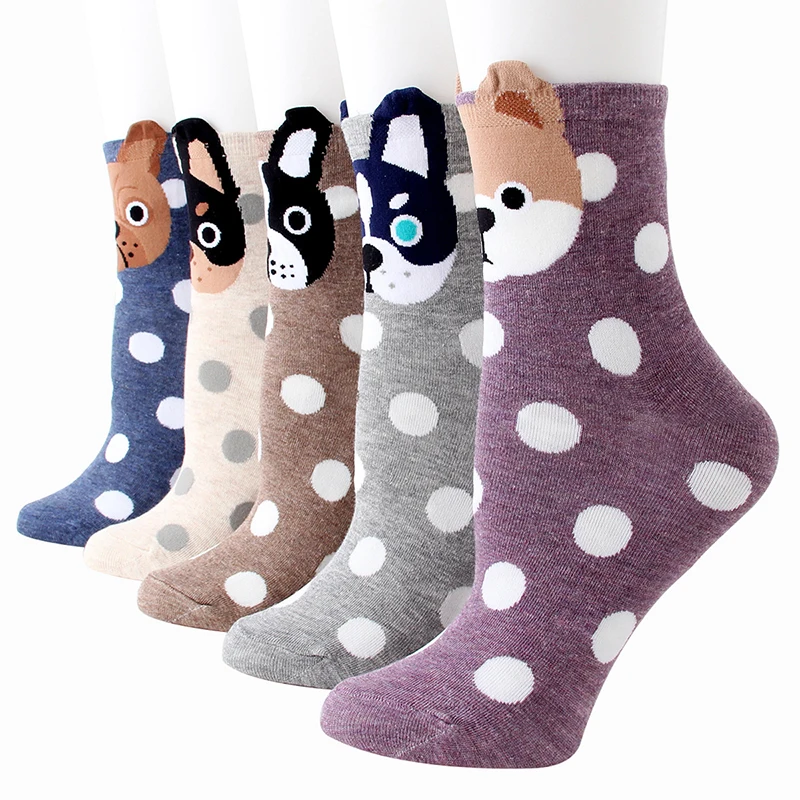 Для женщин носки с забавными рисунками веселых собачек хлопок Socken Harajuku kawaii в горошек весенние, летние носки 3 пары/партия жаккардовые# F