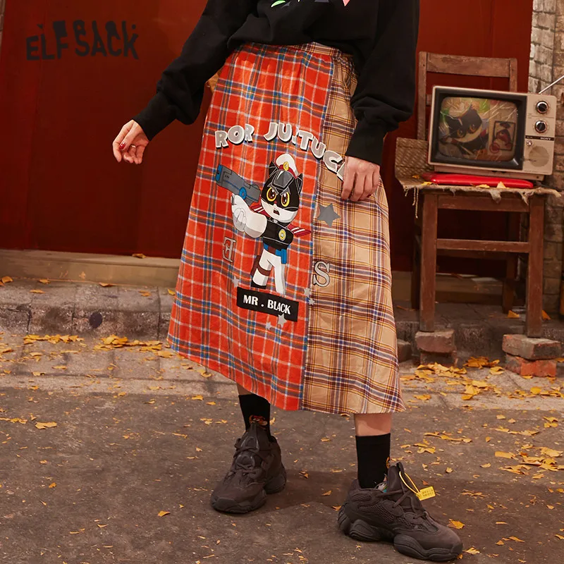 Женская винтажная юбка ELFSACK оранжевая длинная клетчатая повседневная с высокой