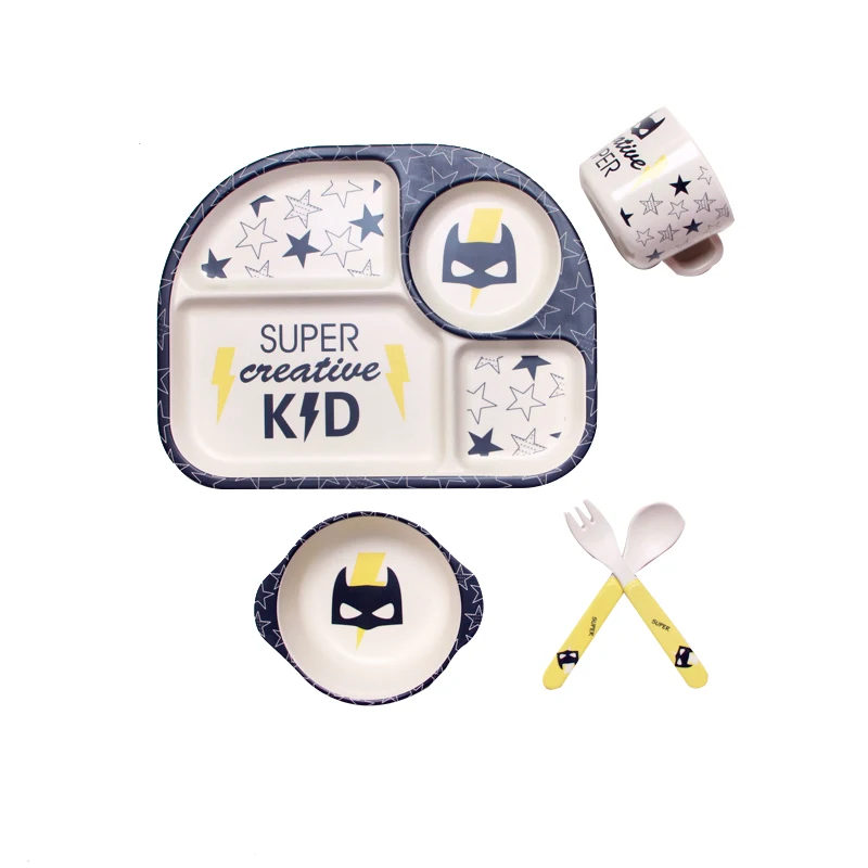 Baby Feeding Bowl Plate Dishes Fork Spoon Cup 5Pcs/Set Children Tableware Bamboo Fiber Kids Cartoon Separation Feeding Plate