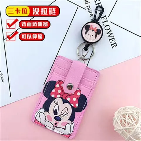 Disney Mickey Minnie hanging neck  card holder card Stitch Cartoon ID card shell leather case bus card hold