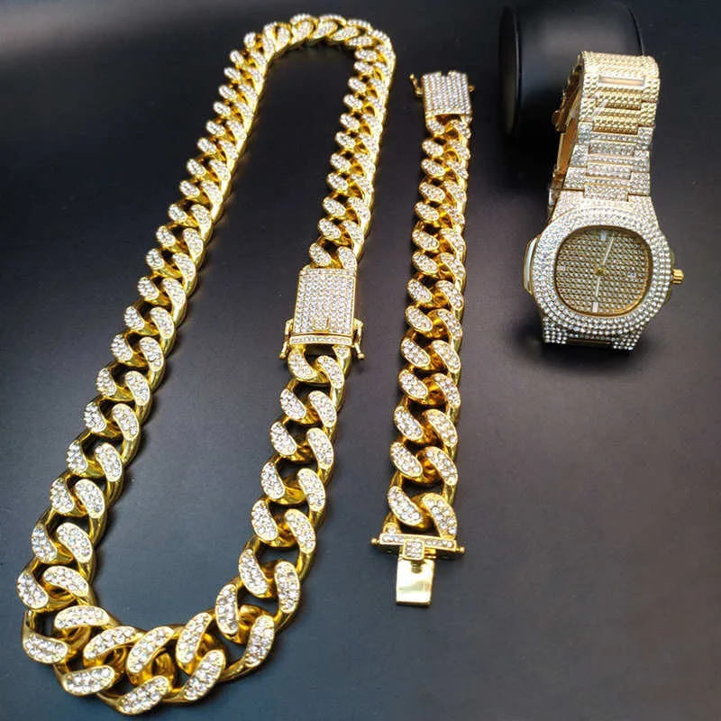 

2cm Hip Hop Gold Color Ice Out Miami Cuban Chain Gold Silver Men Watch&amp Necklace &amp Bracelet Set Hip Hop King For Men