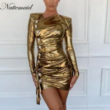 NATTEMAID осеннее светоотражающее облегающее платье с длинным рукавом, короткие платья для вечеринок в ночном клубе, женские праздничные сексуальные платья Vestidos