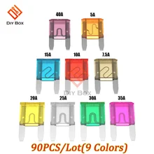 Смешанные 9 Цвета Mini 90 шт./лот плавкие предохранители цинка Стандартный Fusibles 5A 7.5A 10A 15A 20A 25A 30A 35A 40A Ампер авто автомобиль грузовик предохранитель комплект