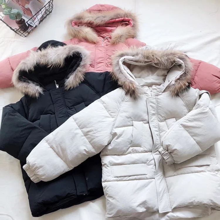 

18 Autumn And Winter New Style Casual Simple Korean-style Solid Color Genuine Fur Collar Hooded Thick down Coat Cotton-padded Cl