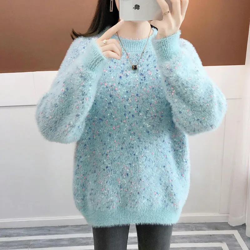 

New Spring Autumn Women Pullover Female Autumn Winter Plus Cashmere/No Cashmere Sweater Imitation Mink Velvet Long-sleeved Tops