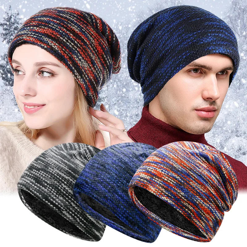 

Fashion Men Hat Knitted Multicolor Cap Woman Thick Warm Wool Hat Outdoor Cold Protection Beanies Plus Velvet Earmuffs Lovers Hat