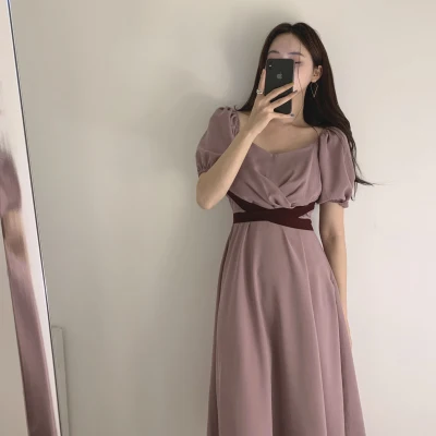 

Elegant High Waist Neck Square Collar Women Dress Vintage Puff Sleeve Female Midi Dress 2020 Summer A-line Vestidos Femme Vs100