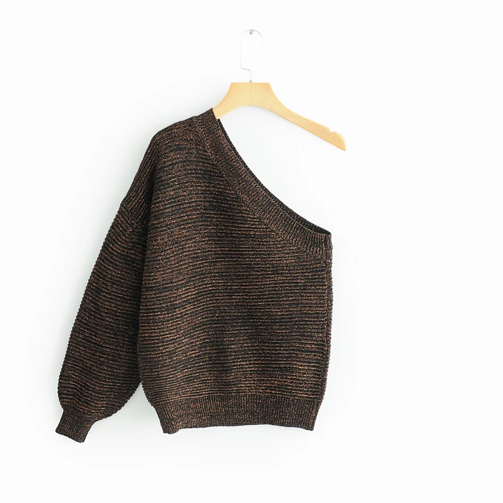 

women single sleeve sweater pullover gold yarn brown color polyester mix SML drop shipping