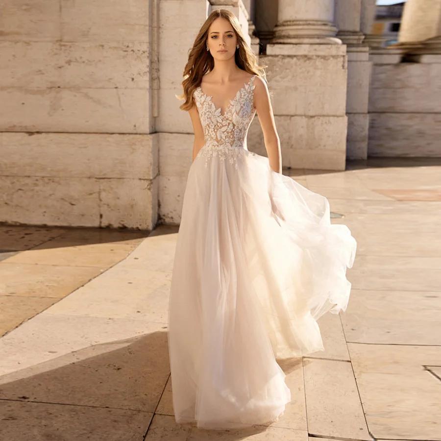 

Sexy V-neck Sleeveless Wedding Dresses Vestido De Noiva Lace Applique Boho Bridal Gowns Backless Robe De Mariage