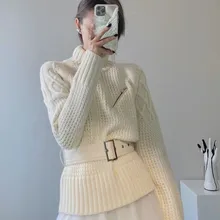 

2022 Fall Zipper Stitching White Knit Sweater Turtleneck Women Loose Outer Wear Waist Twist Pullover Winter Solid Color Sweaters
