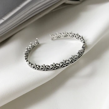 

Vintage Crown Bangle Real 925 Sterling Silver Retro Wide Crown Strand Luxury Bangle Adjustable Korean Women Fashion Bracelet