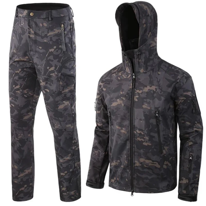 Military Camouflage Hiking Jackets Set Outdoor Waterproof Thermal Fleece Hunting Windbreaker Softshell Tactical Hunting Jacket