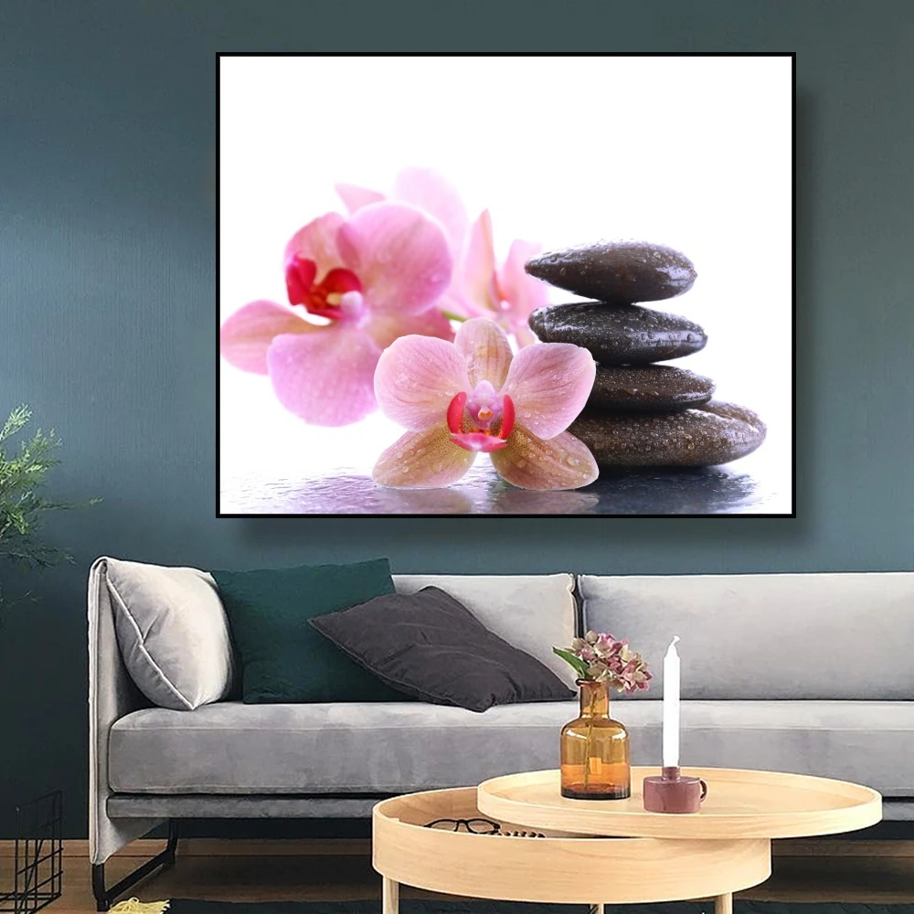 Canvas Painting Flowers and stacked stones Nordic Art Poster Picture Wall Decor Modern Home Decoration For Living room Office
