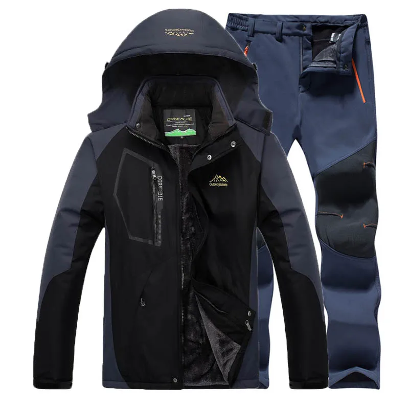 Black Blue Мужская Флисовая наружная куртка софтшелл брюки костюм 5XL Кемпинг Треккинг Туризм Альпинизм катание на лыжах рыбалка зимние водонепроницаемые брюки - Цвет: Black Blue