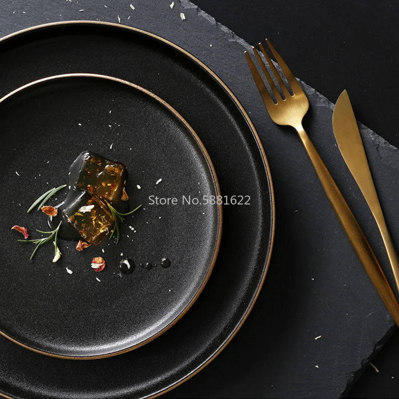 Tableware Ceramic Dinner Plate Set Dish 8/10 Inch Porcelain Cute Dessert Plate Dinnerware Black Frosted Steak