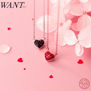 

WANTME New Arrival Fashion Red Black Love Heart Pendant Necklace for Women Genuine 925 Sterling Silver Wedding Anniversary Gift
