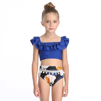 

2020 New Girls Swimwear Bikini Set Two Piece Swimsuits Ruffle High Waist Bench Bathing Suit Summer Swimming Cute KD2007